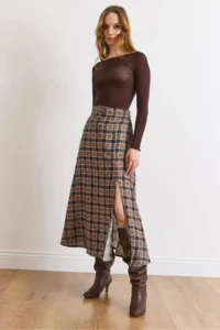 Olalook Women's Mink Belt Detailed Pocket Slit Polyviscon Flowy Skirt - Image 5