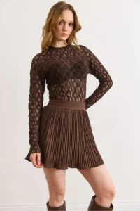 Olalook Women's Brown Mini Pleated Skirt with Elastic Waist Shorts