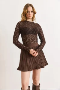Olalook Women's Brown Mini Pleated Skirt with Elastic Waist Shorts - Image 2