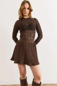 Olalook Women's Brown Mini Pleated Skirt with Elastic Waist Shorts - Image 4