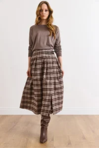 Olalook Women's Stone Plaid Pleated Double Buckle Slit Skirt