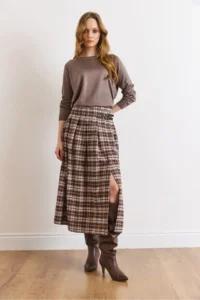 Olalook Women's Stone Plaid Pleated Double Buckle Slit Skirt - Image 2