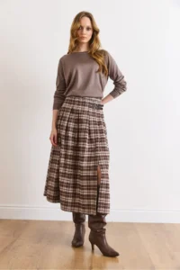 Olalook Women's Stone Plaid Pleated Double Buckle Slit Skirt - Image 3