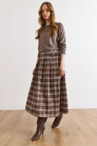 Olalook Women's Stone Plaid Pleated Double Buckle Slit Skirt - Image 4
