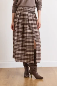 Olalook Women's Stone Plaid Pleated Double Buckle Slit Skirt - Image 6