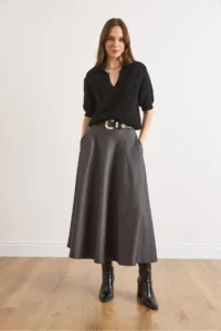 Olalook Women's Anthracite Herringbone Midi Bell Skirt - Image 2
