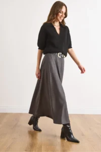Olalook Women's Anthracite Herringbone Midi Bell Skirt - Image 3