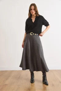 Olalook Women's Anthracite Herringbone Midi Bell Skirt - Image 4