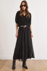 Olalook Women's Black Lined Lace Detailed Long Tulle Skirt