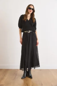 Olalook Women's Black Lined Lace Detailed Long Tulle Skirt - Image 2