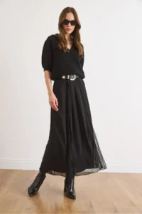 Olalook Women's Black Lined Lace Detailed Long Tulle Skirt - Image 3