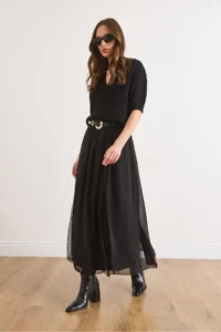 Olalook Women's Black Lined Lace Detailed Long Tulle Skirt - Image 4