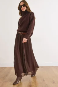Olalook Women's Brown Lined Lace Detailed Long Tulle Skirt