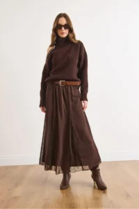 Olalook Women's Brown Lined Lace Detailed Long Tulle Skirt - Image 2