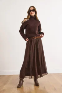 Olalook Women's Brown Lined Lace Detailed Long Tulle Skirt - Image 3