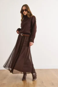 Olalook Women's Brown Lined Lace Detailed Long Tulle Skirt - Image 4