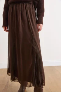 Olalook Women's Brown Lined Lace Detailed Long Tulle Skirt - Image 5