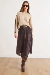 Olalook Women's Bitter Brown Belted Lined Batik Tulle Skirt - Image 2