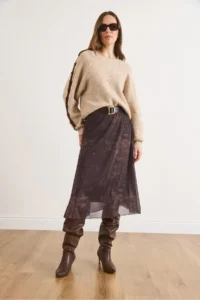 Olalook Women's Bitter Brown Belted Lined Batik Tulle Skirt - Image 3
