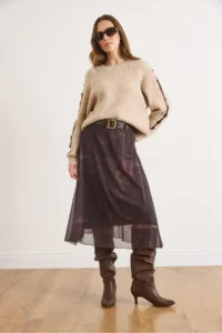 Olalook Women's Bitter Brown Belted Lined Batik Tulle Skirt - Image 5
