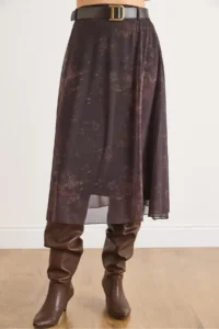 Olalook Women's Bitter Brown Belted Lined Batik Tulle Skirt - Image 6