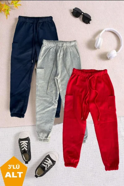 twins tailors Pack of 3 Unisex Red-Navy Blue-Grey Children's Sweatpants with Fleece Inside and Elastic Legs