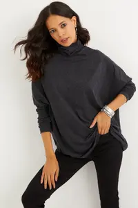 Cool & Sexy Women Anthracite Bat Arm Fisherman Blouse - Image 2