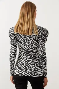 Cool & Sexy Women's Black-White Balloon Sleeve Zebra Pattern Blouse - Image 4