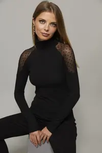 Cool & Sexy Women Black Shoulders Polka Dot Tulle Blouse