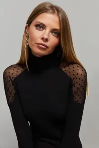 Cool & Sexy Women Black Shoulders Polka Dot Tulle Blouse - Image 2