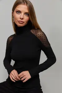 Cool & Sexy Women Black Shoulders Polka Dot Tulle Blouse - Image 3