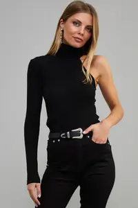 Cool & Sexy Women's Black Turtleneck Single Sleeve Camisole Blouse - Image 2