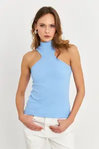 Cool & Sexy Women Blue Barbell Collar Camisole Blouse - Image 3