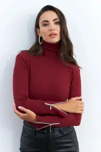 Cool & Sexy Women's Burgundy Sleeves Zippered Camisole Fisherman Blouse - Image 3