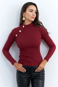 Cool & Sexy Women Burgundy Button with accessories Camisole Blouse - Image 5