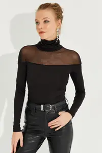 Cool & Sexy Women Black Tulle Detailed Fisherman Blouse - Image 7