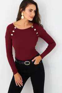Cool & Sexy Women Burgundy Button with accessories Camisole Blouse - Image 3