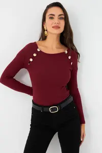 Cool & Sexy Women Burgundy Button with accessories Camisole Blouse - Image 5