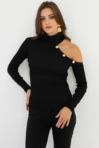 Cool & Sexy Women's Black One Shoulder Open Camisole Turtleneck Blouse - Image 3