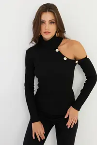 Cool & Sexy Women's Black One Shoulder Open Camisole Turtleneck Blouse - Image 4