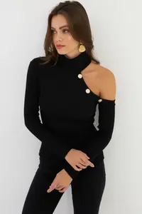 Cool & Sexy Women's Black One Shoulder Open Camisole Turtleneck Blouse - Image 5