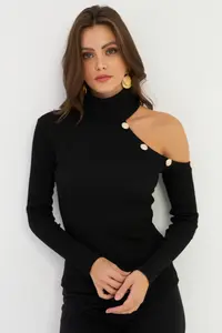 Cool & Sexy Women's Black One Shoulder Open Camisole Turtleneck Blouse - Image 6