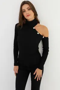 Cool & Sexy Women's Black One Shoulder Open Camisole Turtleneck Blouse - Image 8