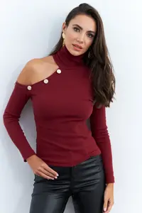 Cool & Sexy Women's Burgundy One Shoulder Open Camisole Fisherman Blouse - Image 5