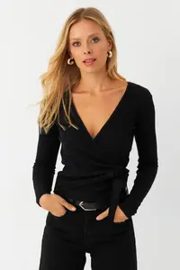 Cool & Sexy Women's Black Front Drawstrable Double Breasted Camisole Blouse