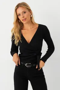 Cool & Sexy Women's Black Front Drawstrable Double Breasted Camisole Blouse - Image 6
