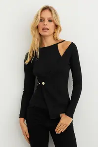 Cool & Sexy Women Black Button Detailed Double breasted Blouse - Image 3