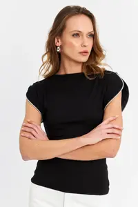 Cool & Sexy Women Black Shoulders Zippered Blouse