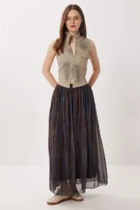 Lovelyİstanbul Patterned Wrinkle Effect Chiffon Skirt  BLUE KHAKI - Image 2
