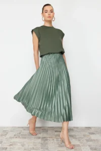 TRENDYOLMİLLA Mint pleated Maxi Flexible Knitting Skirt